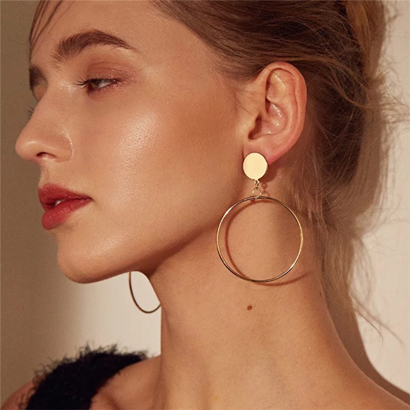 Simple fashion gold color Silver plated geometric big round Clip earrings for women fashion big hollow Ear clip jewelry