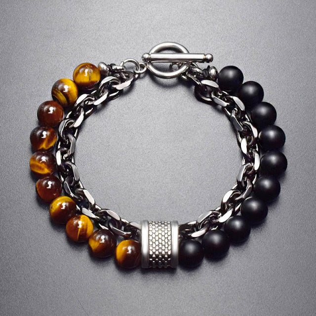 Tiger Eye B&W Stone Beaded  Gunmetal Link Chain Bracelet FW2109 - itseight