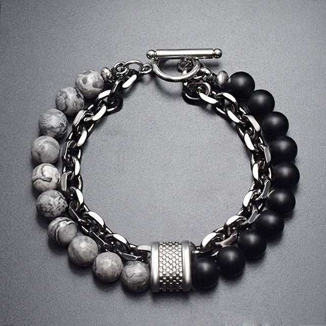 Tiger Eye B&W Stone Beaded  Gunmetal Link Chain Bracelet FW2109 - itseight