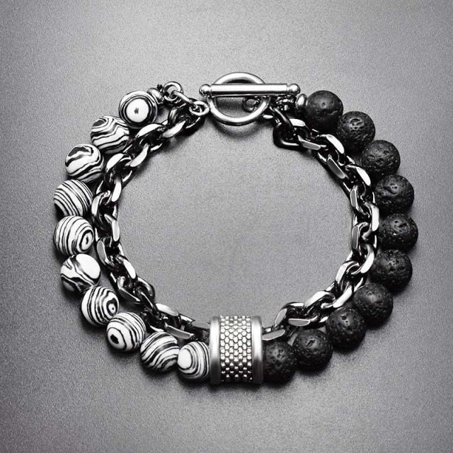 Tiger Eye B&W Stone Beaded  Gunmetal Link Chain Bracelet FW2109 - itseight