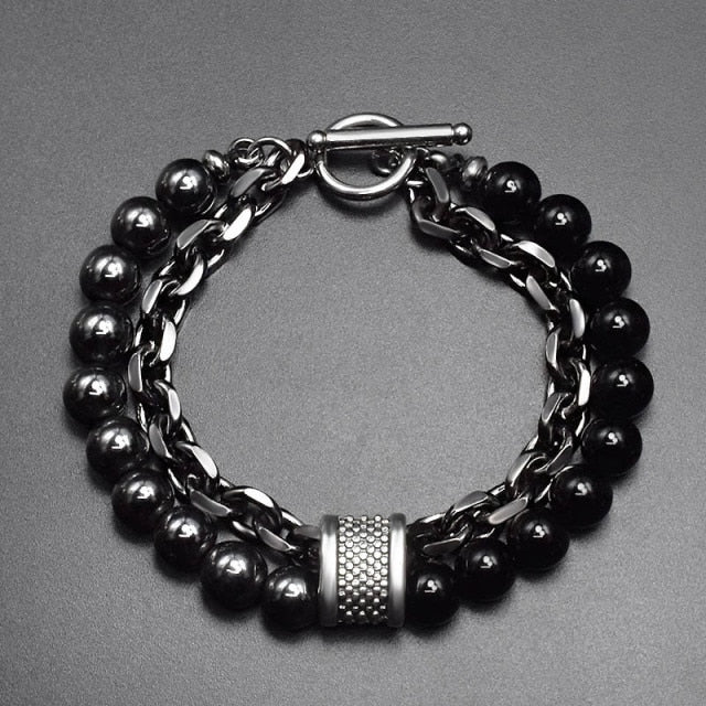 Tiger Eye B&W Stone Beaded  Gunmetal Link Chain Bracelet FW2109 - itseight