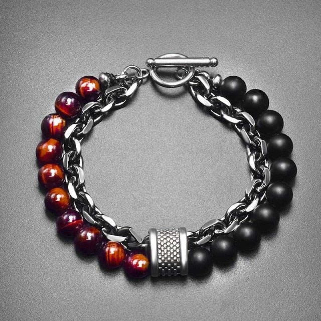 Tiger Eye B&W Stone Beaded  Gunmetal Link Chain Bracelet FW2109 - itseight