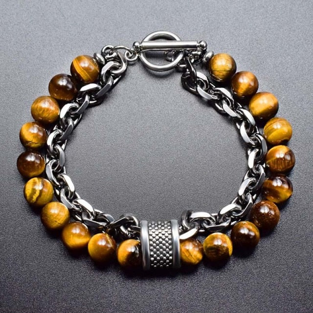 Tiger Eye B&W Stone Beaded  Gunmetal Link Chain Bracelet FW2109 - itseight