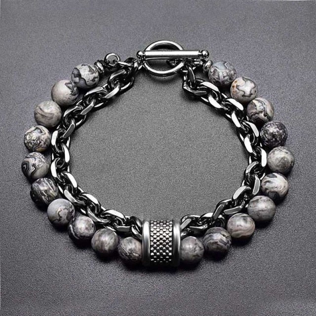 Tiger Eye B&W Stone Beaded  Gunmetal Link Chain Bracelet FW2109 - itseight